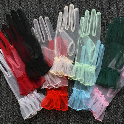 Women Lace Tulle Gloves Stretchy Full Finger Wedding Gloves - Smarsty