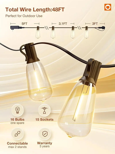 150FT LED Outdoor String Lights Waterproof Patio Lights Shatterproof ST38 Replaceable Bulbs Dimmable Outside Hanging Lights - Smarsty