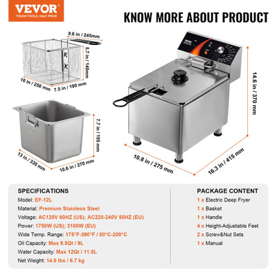 SucceBuy Commercial Deep Fryer Electric Countertop Fryer with Basket Stainless Steel Single Oil Fryer with Time & Temp Control - Smarsty