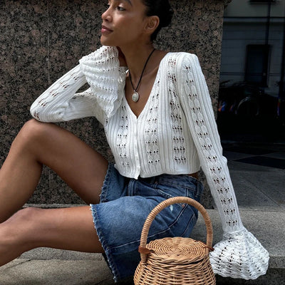 TARUXY Hollow Knitted Cardigan Women's Solid Long Sleeve V Neck Short Sweater Top Summer 2025 New Female Crochet Casual Outwear - Smarsty