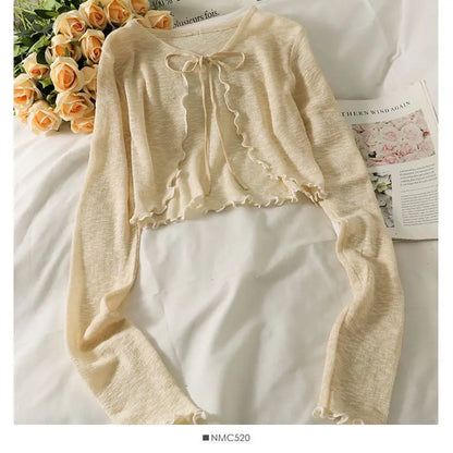 Women Frenum Cardigan Blouses and Tops Bow Lace Up Long Sleeve Crop Top Female Elegant Shirt Thin Aesthetic Clothes Korean Style - Smarsty