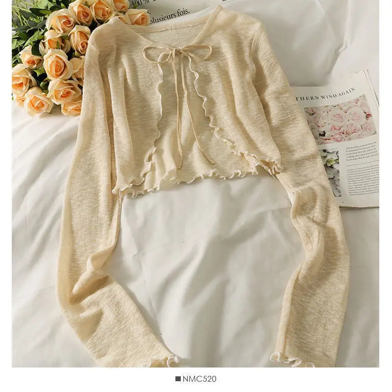 Women Frenum Cardigan Blouses and Tops Bow Lace Up Long Sleeve Crop Top Female Elegant Shirt Thin Aesthetic Clothes Korean Style - Smarsty