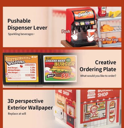 Robotime Rolife Super Creator Series Plastic Dollhouse Building Blocks for Kids Yum Burgers Leisurely Cheers Bar Sweet Sips Tea