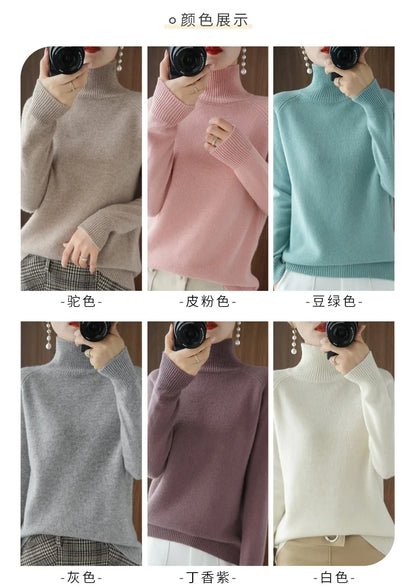 Fashion Basic Autumn Winter  Merino Wool Sweater Mock Neck Cashmere Pullover  Solid Color Soft Long Sleeve Clothing Tops - Smarsty