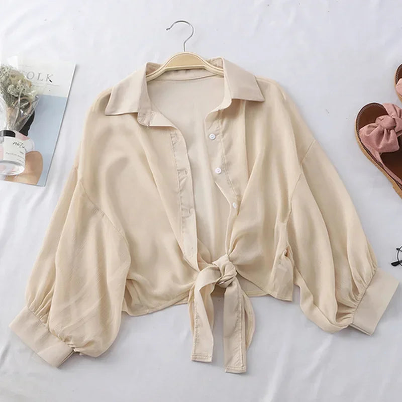 Casual Loose Hollow White Clothes Elegant Solid Color Tied Waist Blouse Women Summer Bat Half Sleeve Button Chiffon Shirt - Smarsty