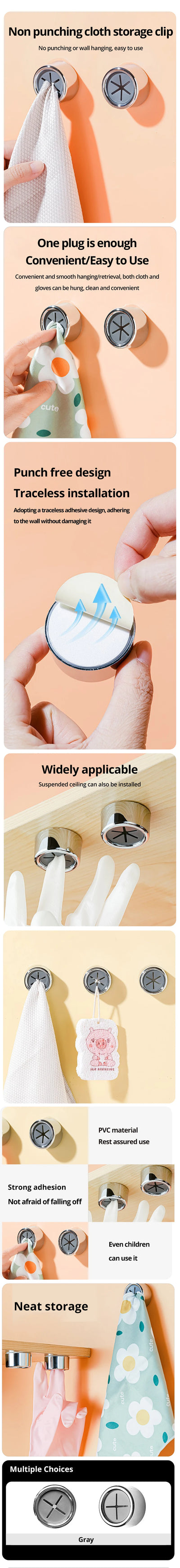 3PCS Non Punching Dishwashing Cloth Storage Clip Dishcloth Clip Kitchen Household Gloves Hook Towel Rack Hole Clip Wall Hanging - Smarsty