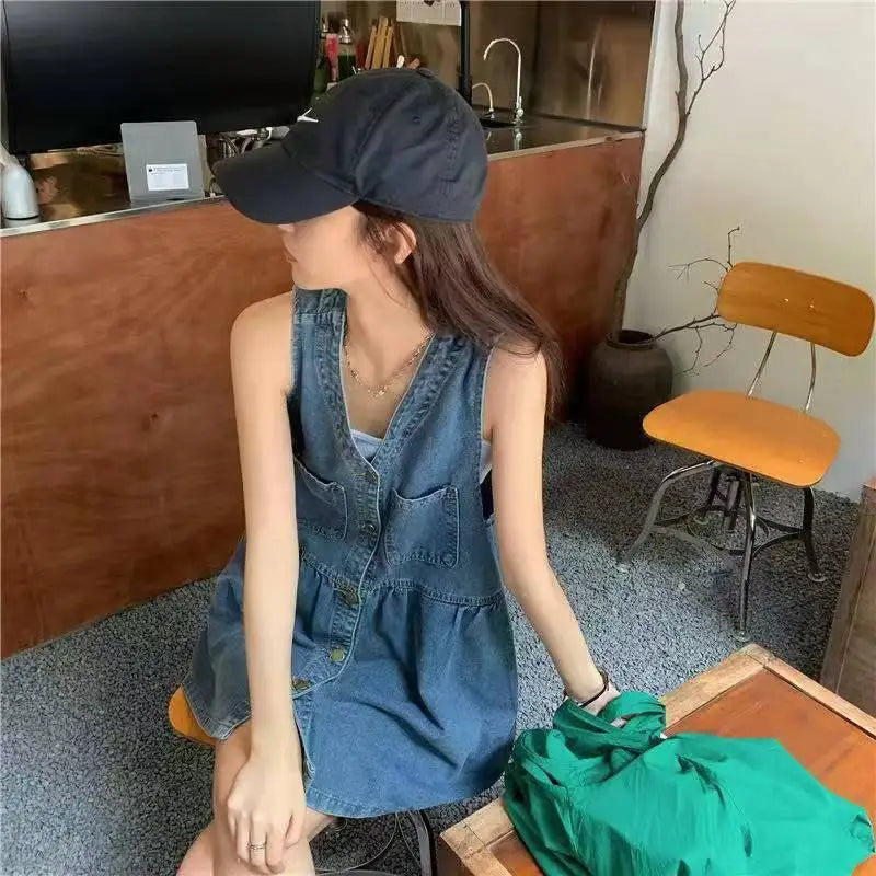 Sleeveless Strap Dress Women Summer Single-Breasted Pockets Denim Dresses Woman Korean Style Loose A Line Mini Dress - Smarsty