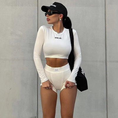 European and American Spring/Summer Round Neck Long Short sleeved 3/4 Shorts Two piece Women's Fashion Sports Versatile Set - Smarsty