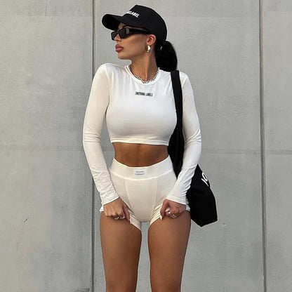 European and American Spring/Summer Round Neck Long Short sleeved 3/4 Shorts Two piece Women's Fashion Sports Versatile Set - Smarsty