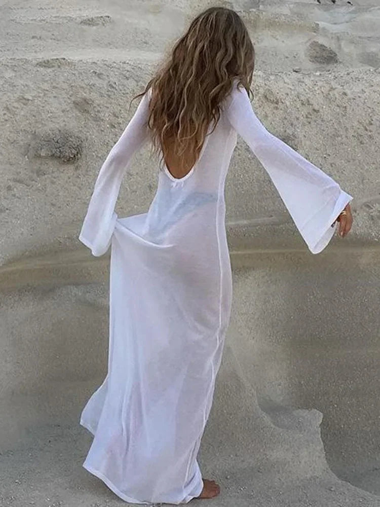 White Backless See-through Long Dress Women's Summer Slim High Waist Spliced Long Sleeve Solid Color Beach Long Dress - Smarsty