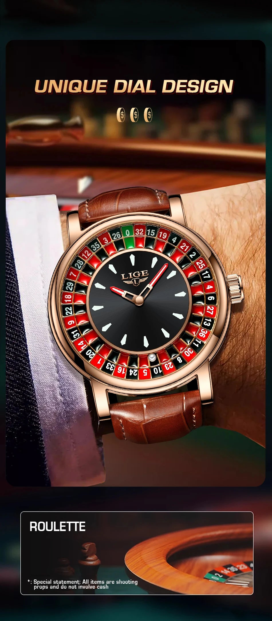 LIGE Waterproof Brown Leather Men's Roulette Watch - Smarsty
