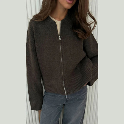 Vintage Knit Women Cardigan Casual Full Sleeve Zipper O Neck Pleated Solid Lady Sweater 2025 Autumn Fashion Female Knitwear - Smarsty
