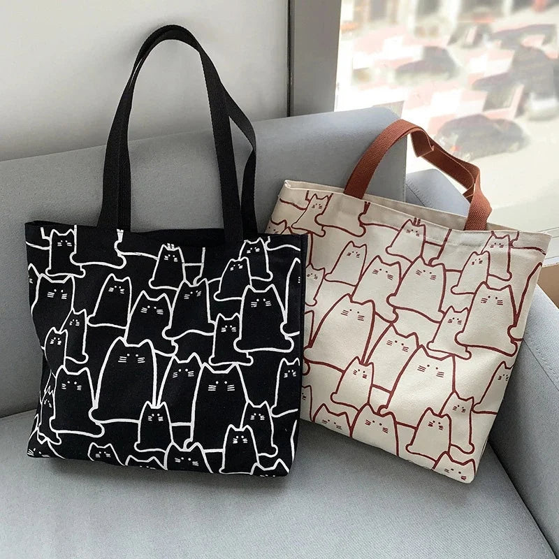 Canvas Cat Tote Bag For Women Zipper Shoulder Designer - Smarsty