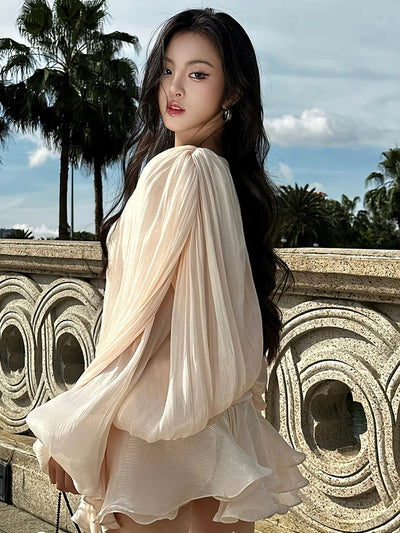 TWOTWINSTYLE Elegant Ruched Mini Dress For Women Round Neck Lantern Long Sleeve High Waist Temperament Dresses Female Fashion - Smarsty