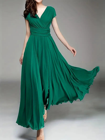 Women's Short-Sleeved Chiffon Evening Dress, Female Party Dress, Monochromatic, Bohemian, Long, Elegant, New, 2022 - Smarsty