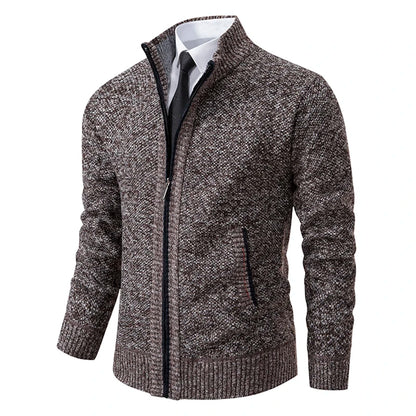 Autumn And Winter New Jersey Men's Casual Sports Coat Solid Color Stand Collar Wweater Grab Fleece Warm Zipper Cardigan - Smarsty