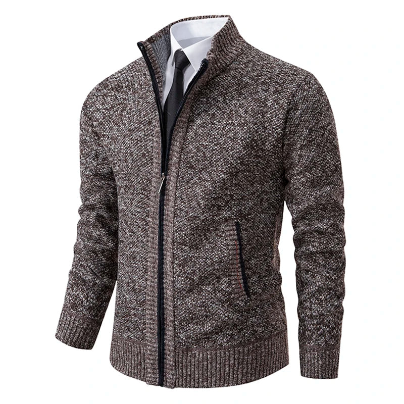 Autumn And Winter New Jersey Men's Casual Sports Coat Solid Color Stand Collar Wweater Grab Fleece Warm Zipper Cardigan - Smarsty