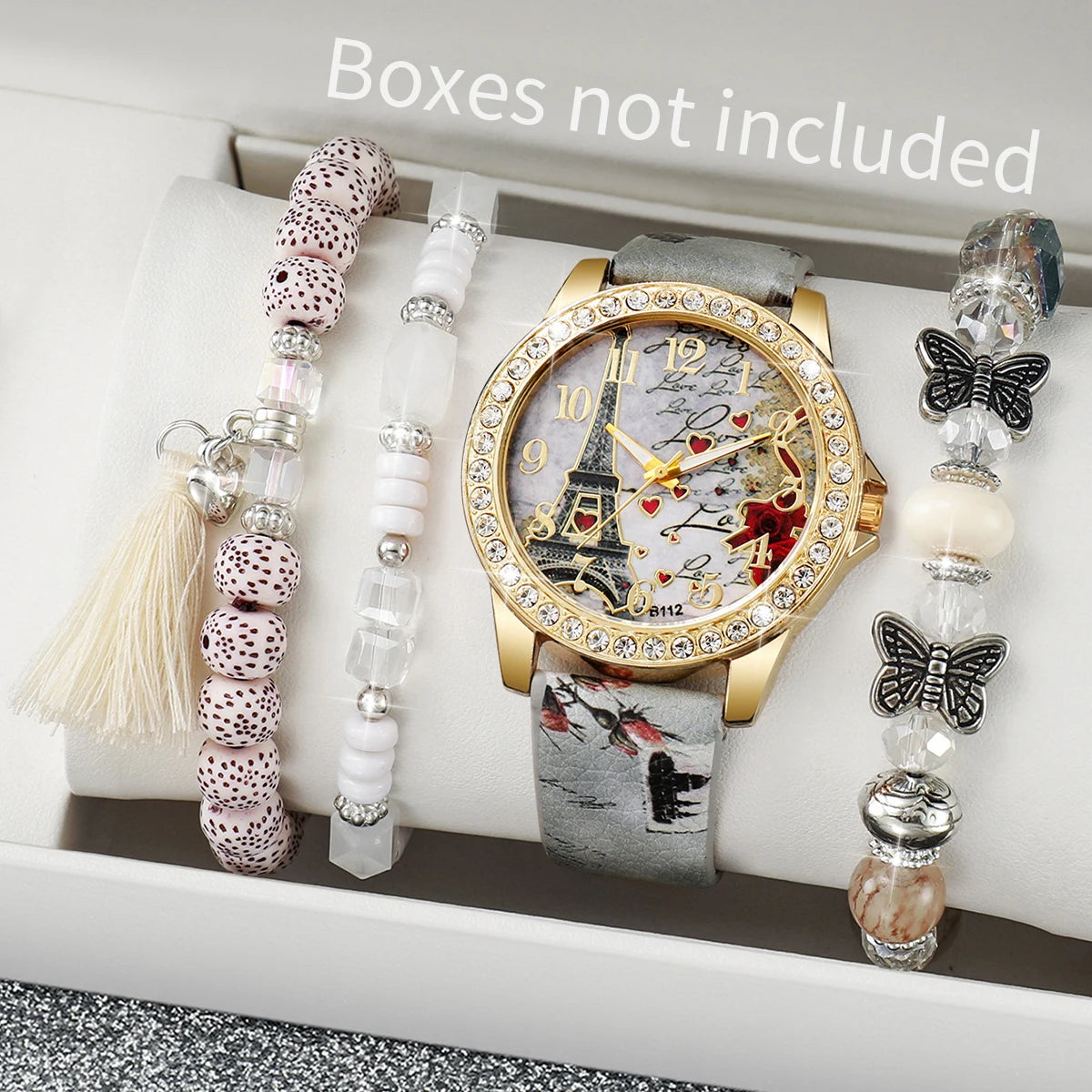 Fashion Rhinestone Women's Quartz Watch Set with Floral Design - Smarsty