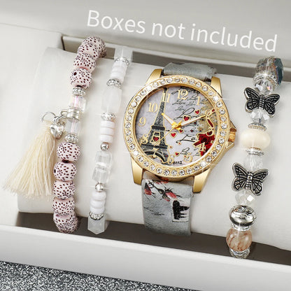 Fashion Rhinestone Women's Quartz Watch Set with Floral Design - Smarsty