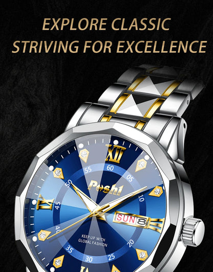 Poshi Men's Waterproof Luminous Quartz Watch with Dual Calendar - Smarsty