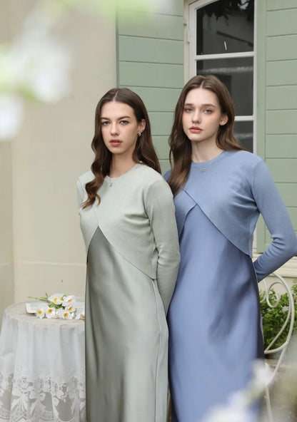 AS 2025 spring summer elegance satin dress + knitted top match set maxi floor length woman clothes