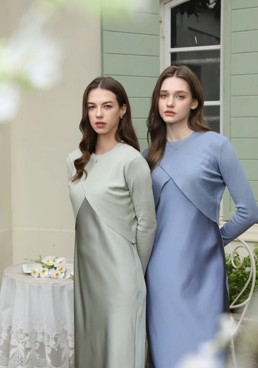 AS 2025 spring summer elegance satin dress + knitted top match set maxi floor length woman clothes