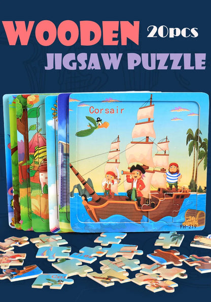 New 20 Piece Wooden 3d Puzzle Cartoon Animal Vehicle Jigsaw Puzzle Montessori Educational Toys For Kids Baby 1 2 3 Years by Smarsty