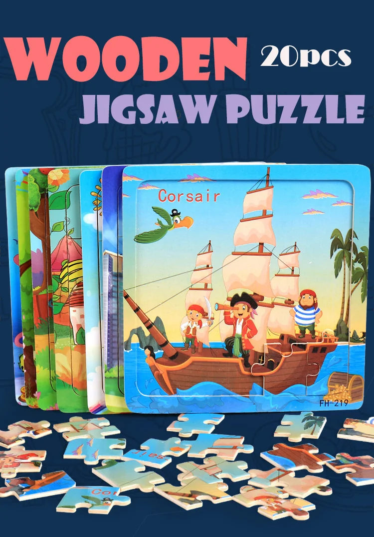 New 20 Piece Wooden 3d Puzzle Cartoon Animal Vehicle Jigsaw Puzzle Montessori Educational Toys For Kids Baby 1 2 3 Years by Smarsty