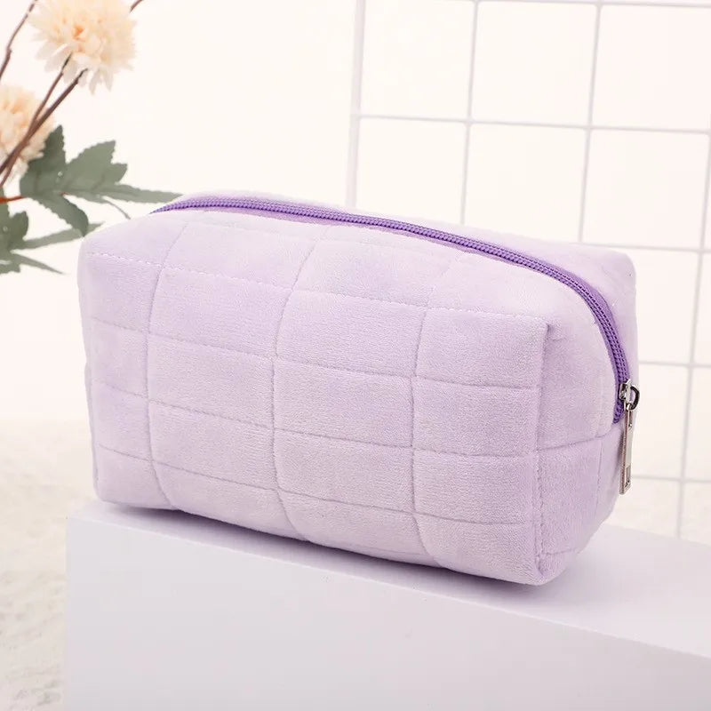 Cute Plush Makeup Bag for Women Portable Travel Small Cosmetic Bags Solid Color Zipper Toiletry Bag Washing Pouch Storage Bags - Smarsty