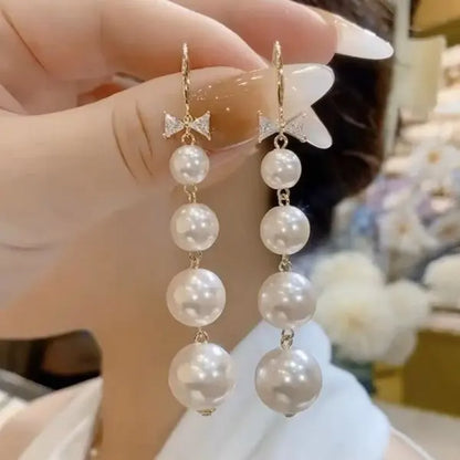 Korean Pearl Tassel Drop Earrings for Women with Zircon Detail - Smarsty