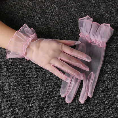 Women Lace Tulle Gloves Stretchy Full Finger Wedding Gloves - Smarsty