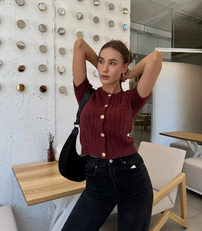 Trendix Women Winter Knit Cardigan Winter Street Fashion Patchwork Ribbed Short Sleeve Sweater Autumn Commute Knitwear Crop Top - Smarsty