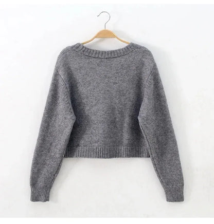 V Neck Cropped Cardigan Women Long Sleeve Twist Knitted Sweater Coats Autumn Winter Keep Warm Korean Fashion Jacket Cardigan - Smarsty