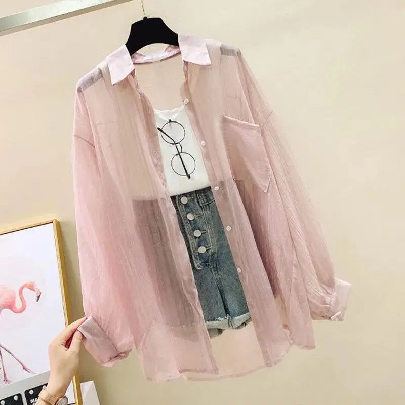 Summer Sunscreen Shirt Elegant Perspective Thin Chiffon Blouse Korean Harajuku See Through Loose Top Casual Women's Cardigan - Smarsty