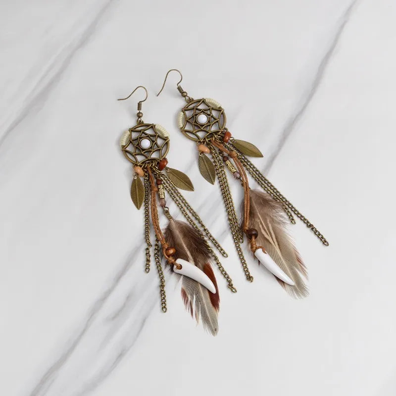 Boho Vintage Dream Catcher Earrings with Long Tassels for Women - Smarsty
