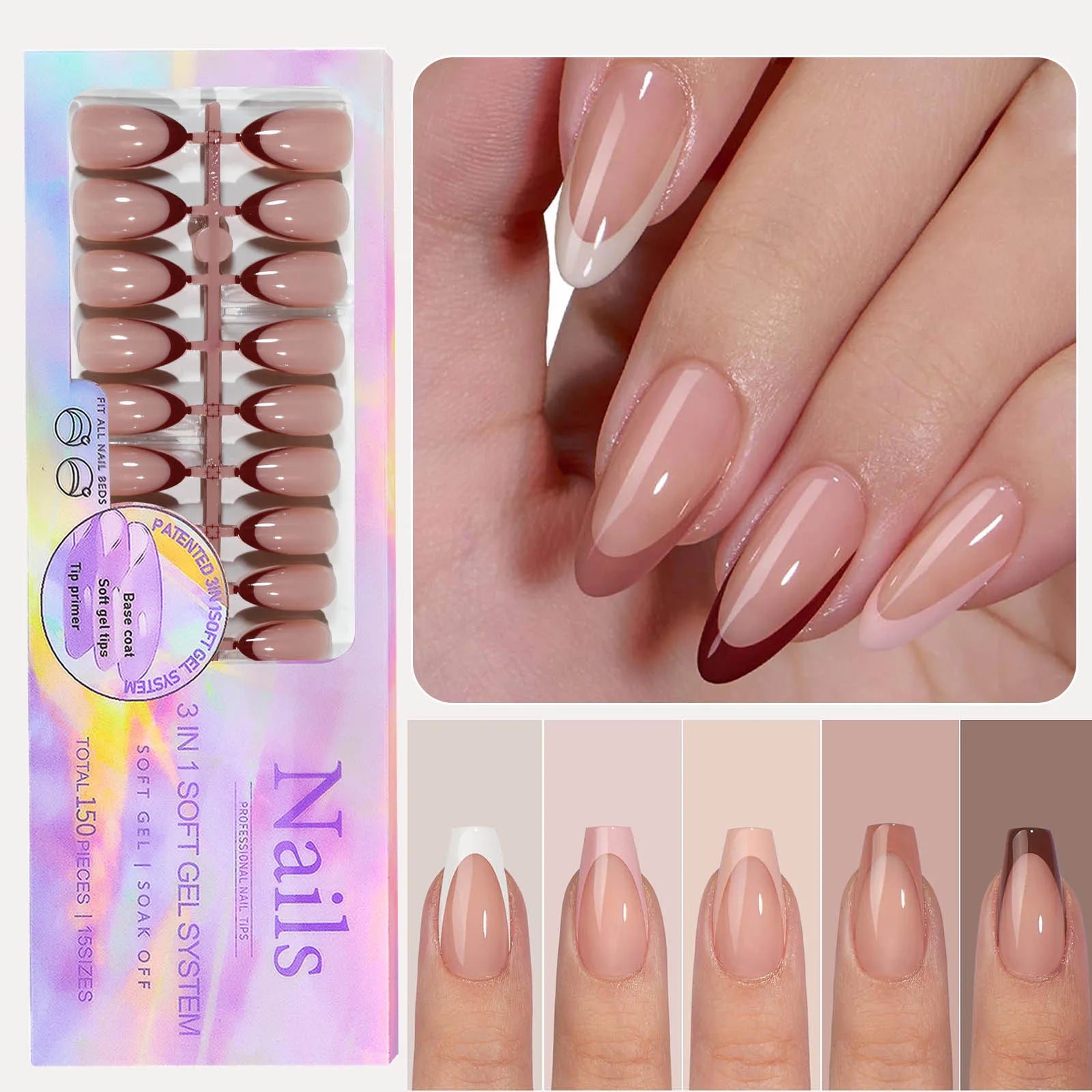 150 Piece Almond French False Nails Set for Easy Application - Smarsty