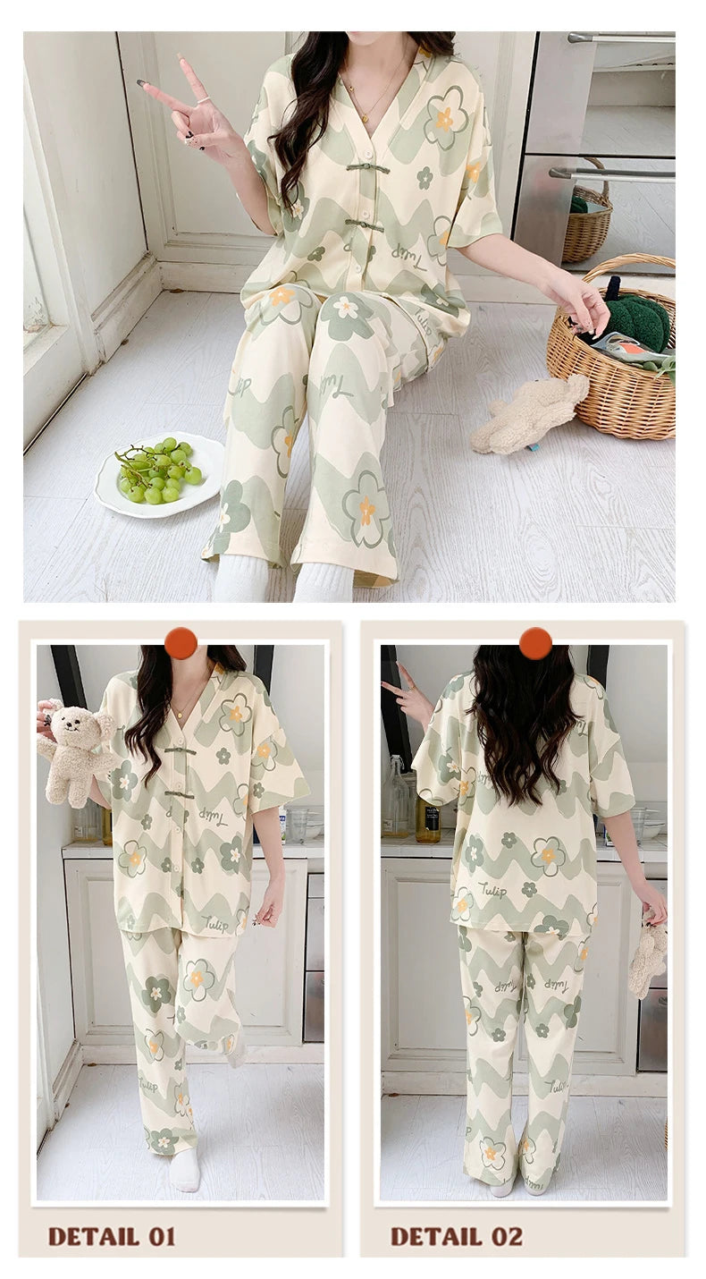 Pigma For Women Cotton Pajama Sleepwear Big Size Pajamas Nightwear Summer Women's Short Sleeved Long Pants Cardigan Pajama Set - Smarsty