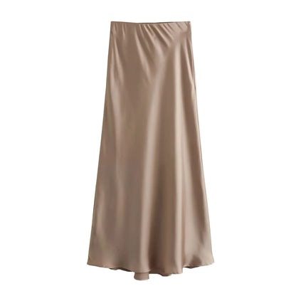 TRAFZA 2024 Y2K Casual Women Long Skirt Spring Elastic High Waisted A-Line Casual Female Satin Skirts High Street Lady Skirts - Smarsty