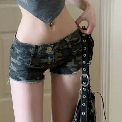 Vintage Sexy Camouflage Denim Shorts 2025 Summer New Straight Jeans for Women Y2k Grunge Low-waisted Bodycon Ropa Mujer