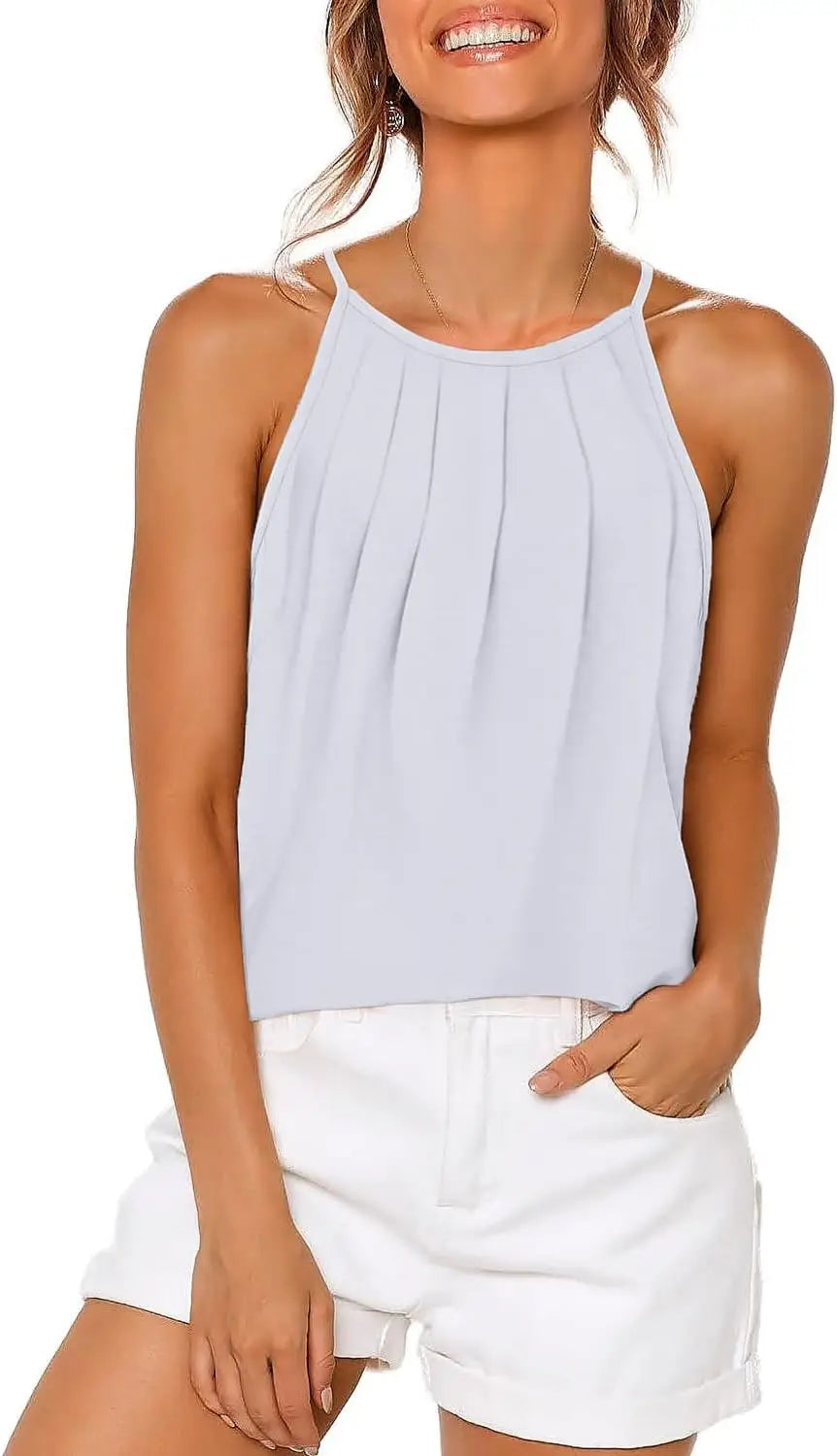 Womens Pleated Tank Tops Spaghetti Strap Camisole Halter Tops Curved Hem Fashion 2024