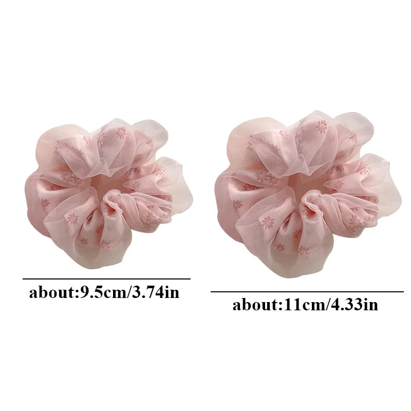 Double Layer Silk Hair Scrunchies Floral Soft Ponytail - Smarsty