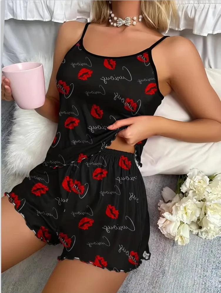 2025New Women's Leopard Print Printed Suspender Top and Elastic Waist Shorts Women's Sexy Casual Home Summer Pajama Set - Smarsty