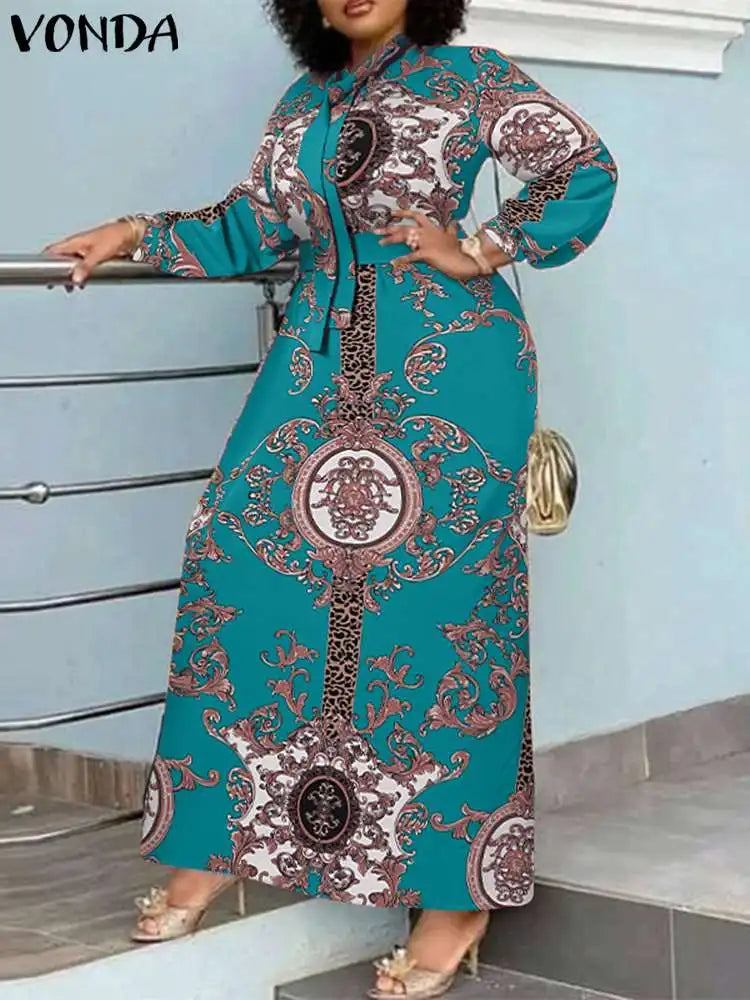 VONDA Maxi Dress 2024 Summer Women Bohemian Printed Party Sundress Long Sleeve Stand Collar Casual Robe Holiday Vestidos Belted - Smarsty
