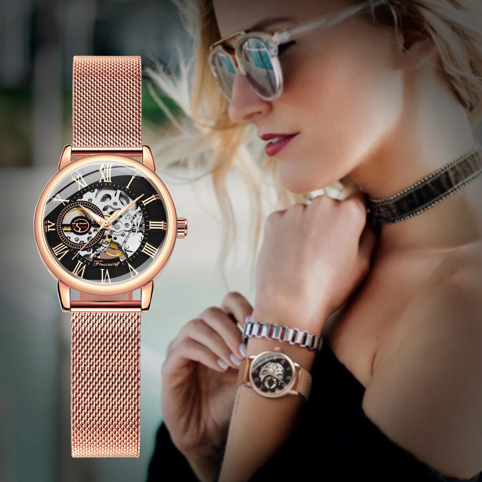 Rose Gold Skeleton Mechanical Watch for Women - Smarsty