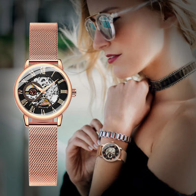 Rose Gold Skeleton Mechanical Watch for Women - Smarsty