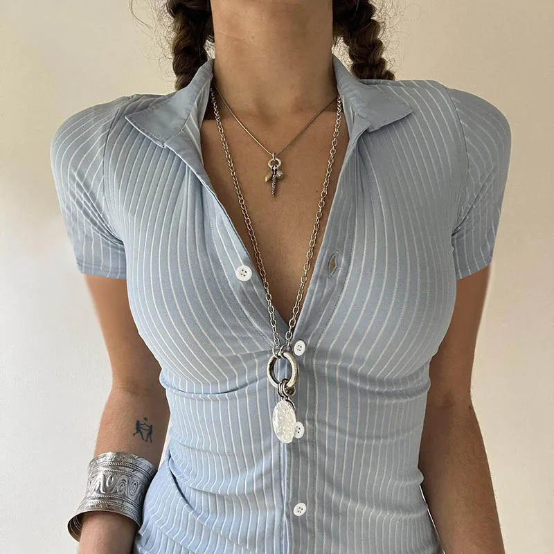Sweetown Blue Stripe Short Sleeve Shirts For Women Button Up Turn Down Collar Slim Simple Casual Preppy Tops Basic Summer Tees - Smarsty