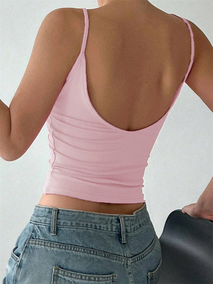 Women Backless Cami Crop Top Summer Solid Color Casual Sleeveless Top Streetwear Y2K Clothes