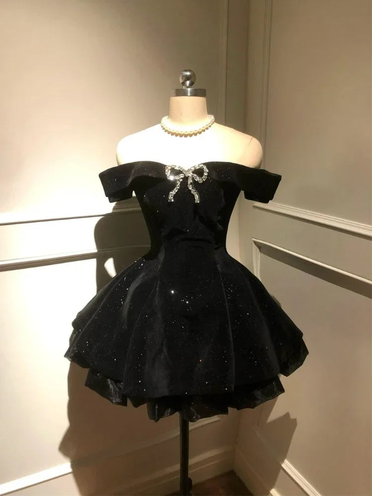 Black French Vintage Elegant Design Woman Dress Gothic Off Shoulder Retro Mini Dress Female Fairy Birthday Party Chic Outfits - Smarsty