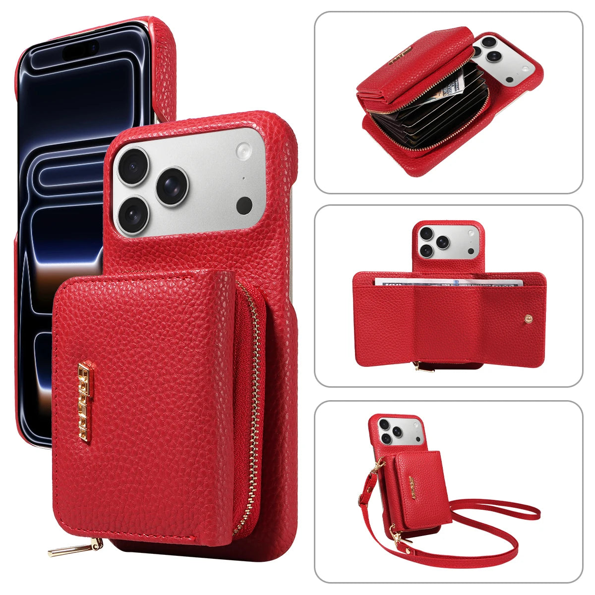 Crossbody PU Leather Phone Case for IPhone17 16 15 14 13 12 11pro Max Plus Mini Air 16e with Stand & Card Slots Wallet Cover