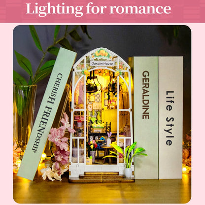 Wooden Flower Garden Doll House DIY Garden House Book Nook Shelf Insert 3D Puzzle Assembly Building Bookshelf With LED Lights